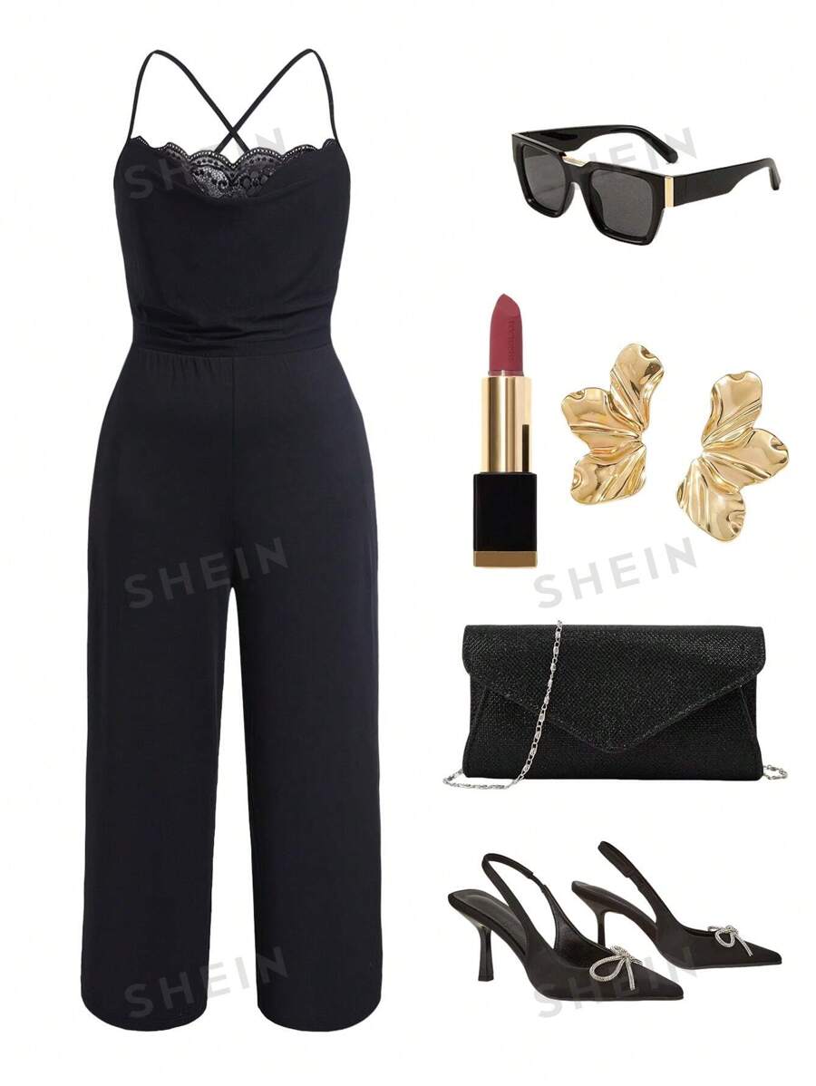 Ellevyn Talla grande mono elegante de color negro sólido con cuello swing, plisado y pierna ancha para mujer, conjunto casual de negocios de verano para conciertos