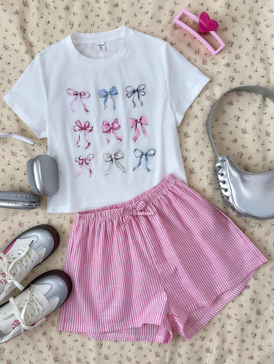 SHEIN 2pcs/Set Teen Girls' Bow Print Round Neck Short Sleeve White T-Shirt And Pink Striped Shorts Set, Suitable For Spring/Summer