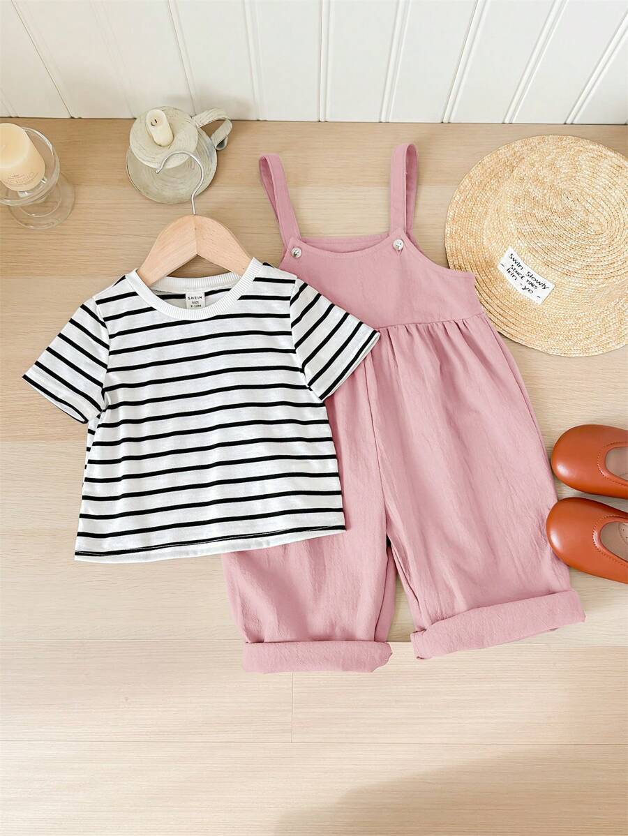 Baby Girl Striped Short Sleeve Top And Overall Jumpsuit, Spring/Summer Outfit