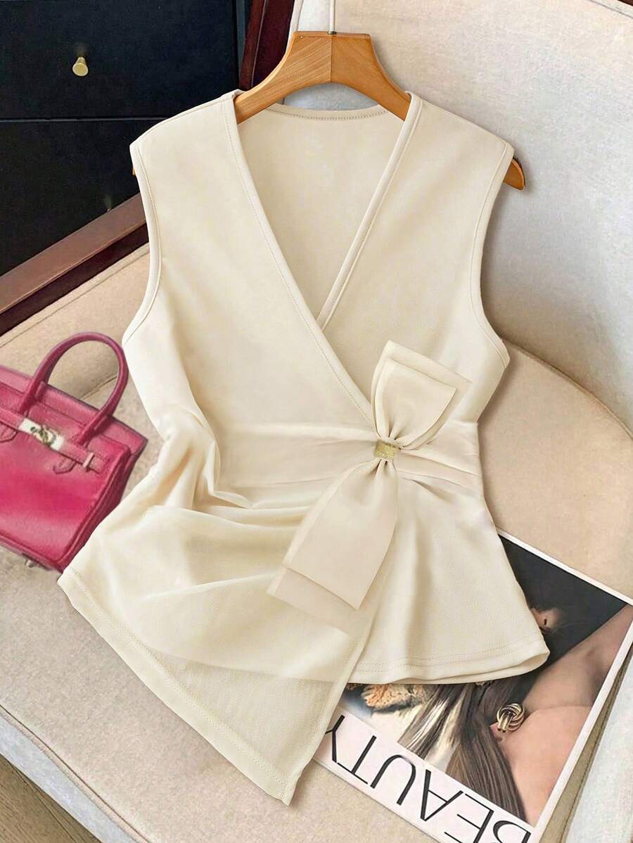 Plus Size Vrouwen Effen Kleur Strik Decor V-hals Mode Camisole