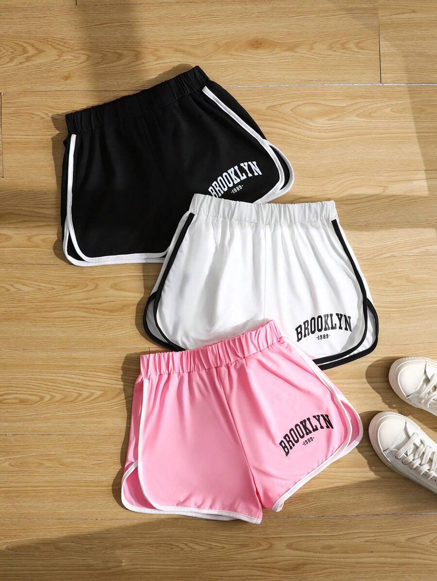 Tween Girls 3pcs/Set Colorblock Trim Letter Print, White Print, And Black Print Athletic Shorts