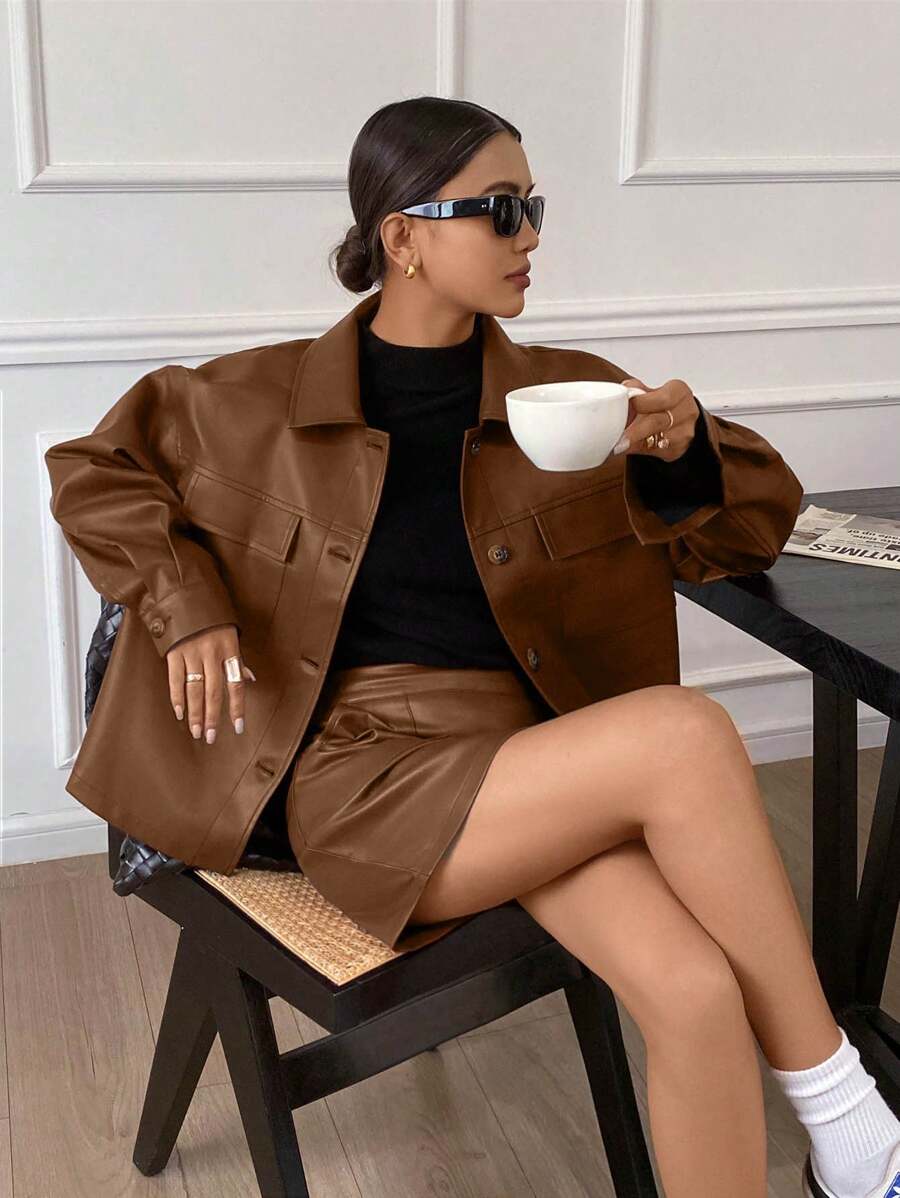SHEIN Frenchy 2pcs/Set Women Solid Color Long Sleeve Single-Breasted Jacket And Midi Skirt