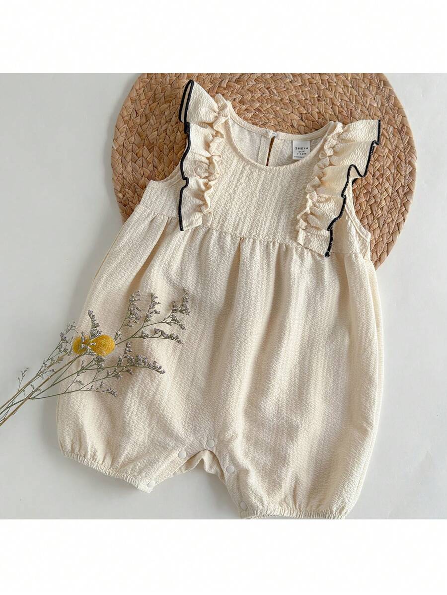 Loomiva Baby Girl Square Collar Ruffle Hem Sleeveless Romper Casual Versatile