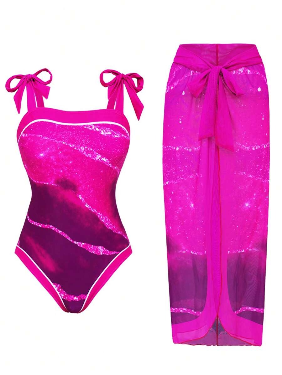 Swim Oasis 1 pièce Ensemble de maillot de bain à fines bretelles imprimé tie dye avec jupe cache-maillot assortie pour femmes