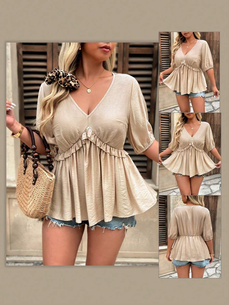 Breezaya Blusa de vacaciones para mujer de talla grande con mangas 5/10, cuello en V, cintura fruncida, volantes en el dobladillo y parches, estilo casual y de moda para el verano