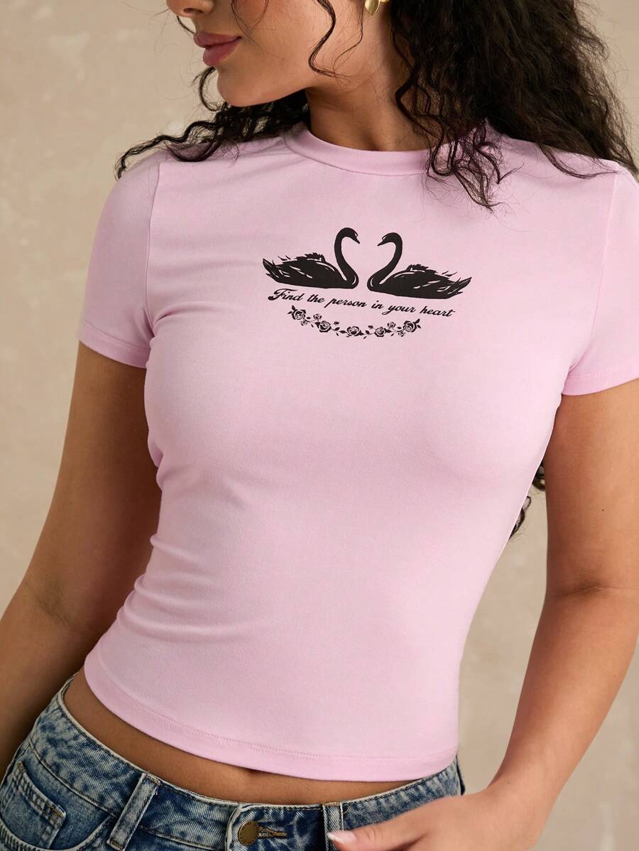 Enchnt Camiseta ajustada de mujer con cuello redondo y manga corta con estampado de letras
