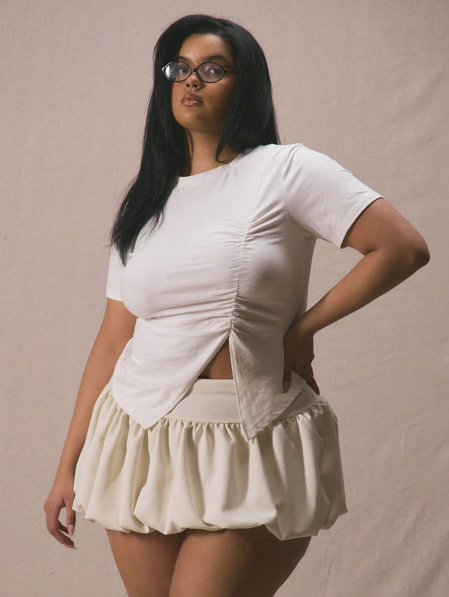 MUSERA Plus Cinched Ruched Waist T-Shirt Spring, Vacation,, Summer, Holiday, Elegant Ibiza, Holiday