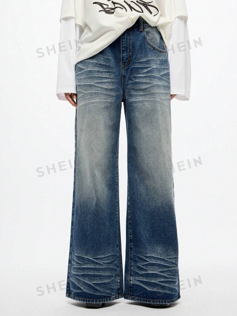 SUMWON WOMEN Pantalones vaqueros holgados de pierna ancha, lavado vintage, de cintura alta, de ajuste relajado, estilo Y2K, ropa de calle, pantalones vaqueros casuales de moda de otoño e invierno
