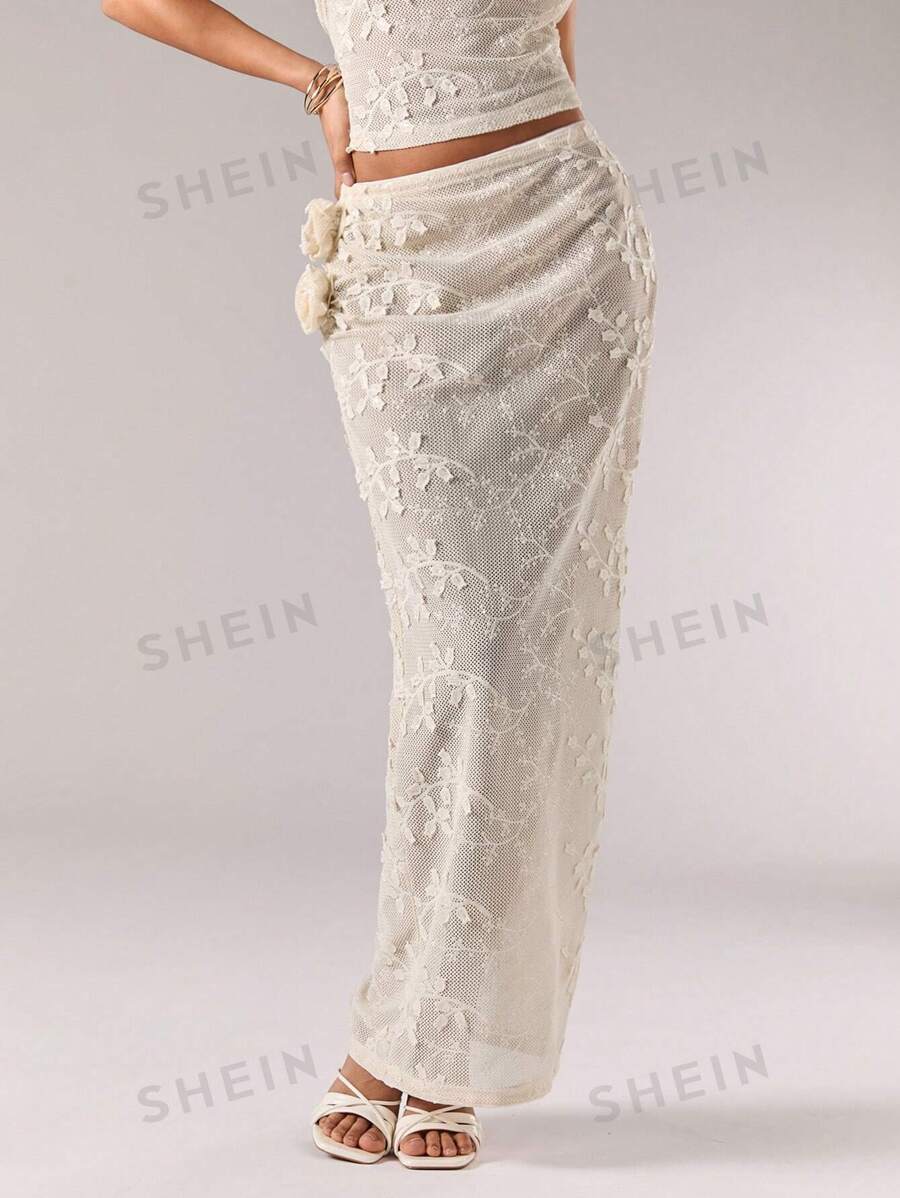 SHEIN BAE Falda elegante con abertura lateral en el dobladillo con estampado floral de jacquard para mujer