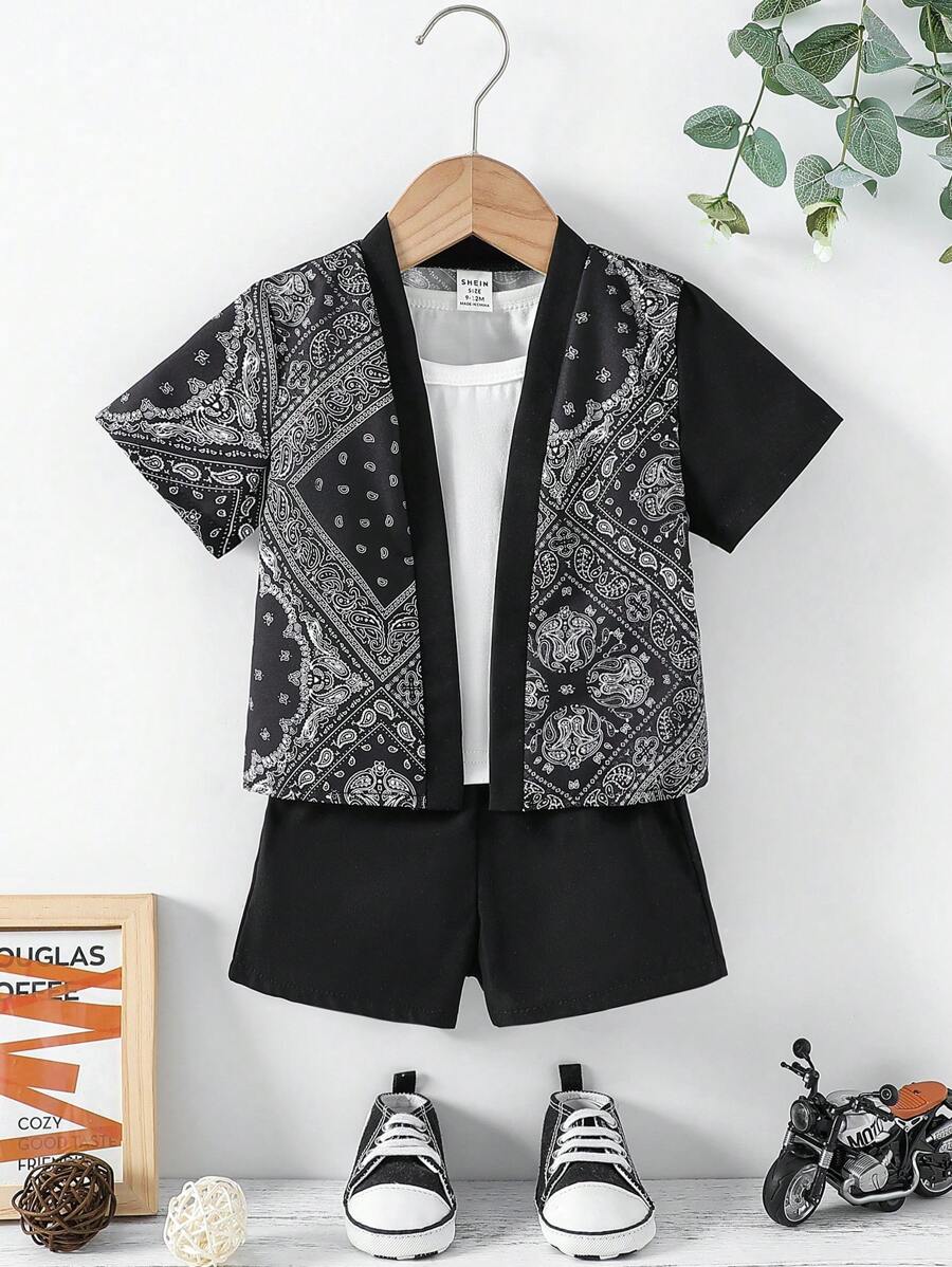 2pcs/Set Toddler Boys Summer Casual Cashew Print Short Sleeve Top And Matching Shorts, Suitable For Cool Kids Daily Wear