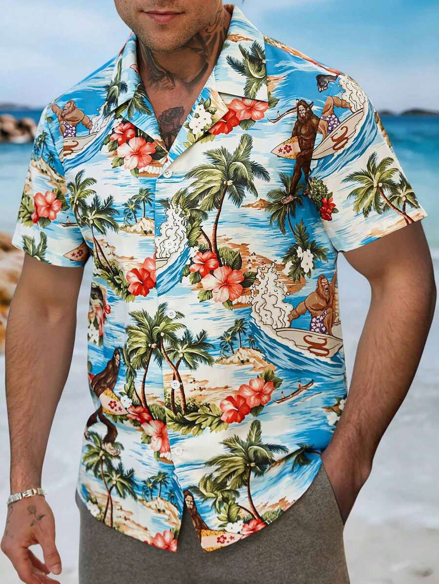 Manfinity RSRT Camisa casual de manga corta con estampado de palmeras tropicales para hombre