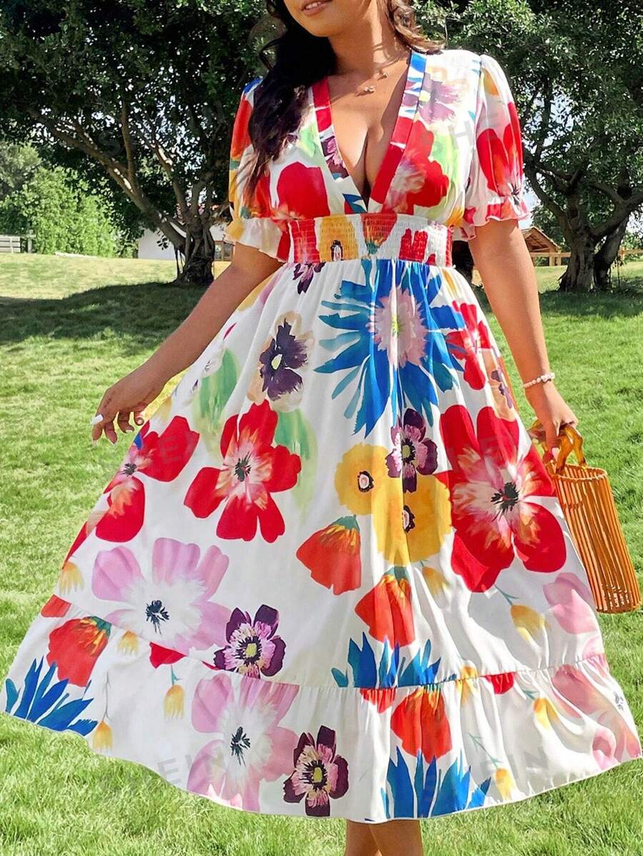 Breezaya Vestido de vacaciones con mangas abullonadas, cintura fruncida y estampado floral colorido en tallas grandes para mujer, primavera/verano