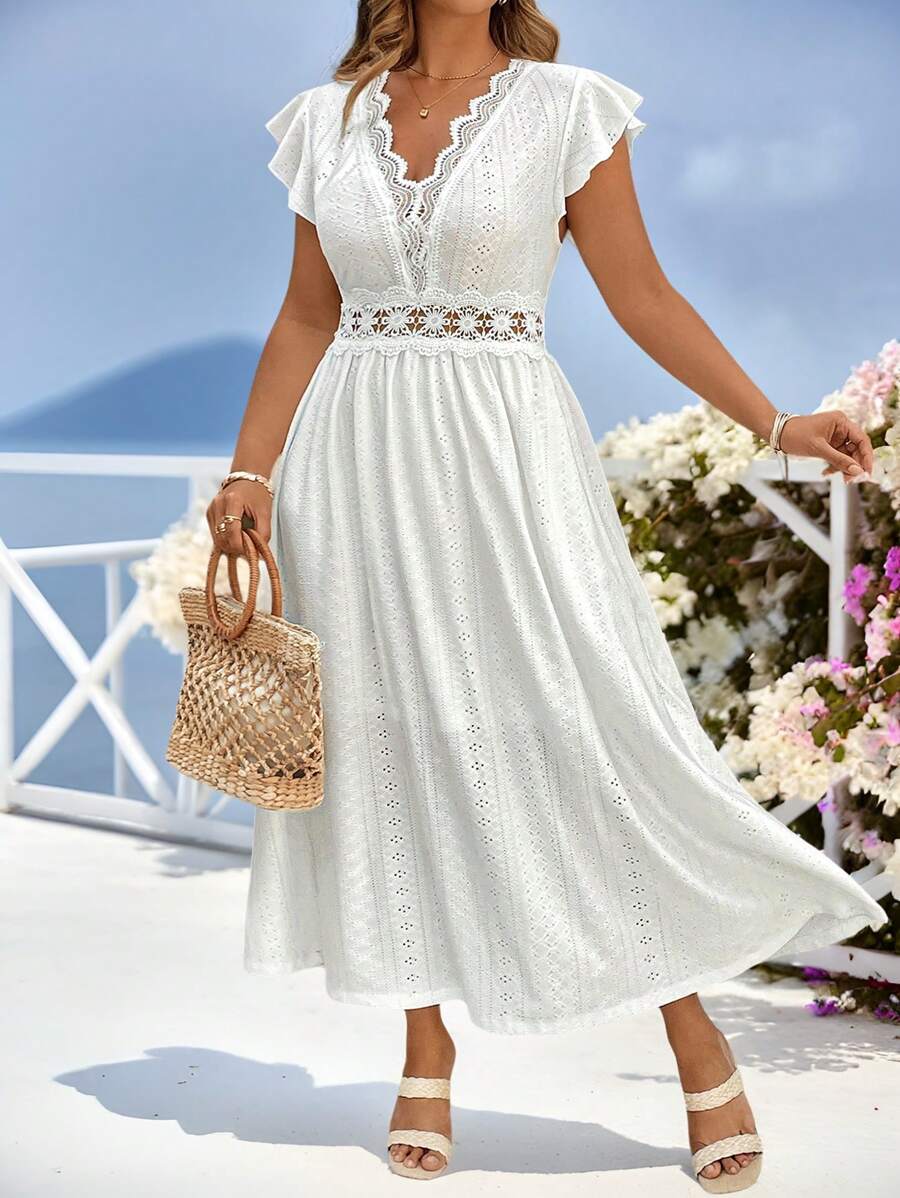SHEIN Clasi Vestidos de primavera y verano para mujer, tallas grandes, de punto jacquard blanco, encaje elástico, cuello y cintura patchwork, corte en A, manga corta, elegantes vestidos de verano, vestidos blancos, vestidos de verano, vestidos blancos, vestidos elegantes, vestidos de verano, vestidos de tallas grandes, vestidos elegantes, vestidos de fiesta.
