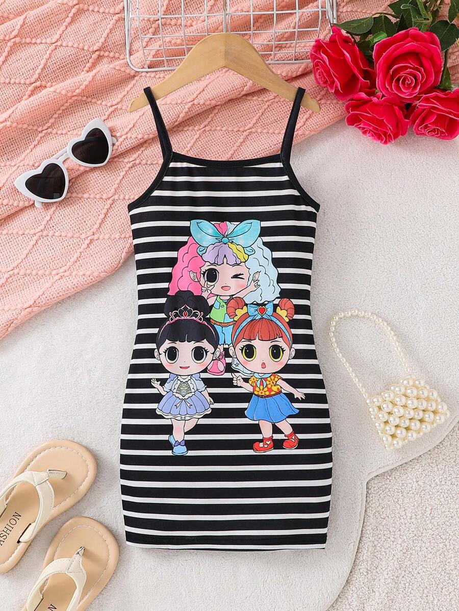 Young Girl Striped Knit Cute Girl Print Camisole Dress