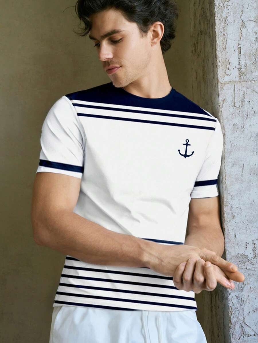 Manfinity VCAY Men's Vacation Casual Colorblock Striped Anchor Printed T-Shirt
