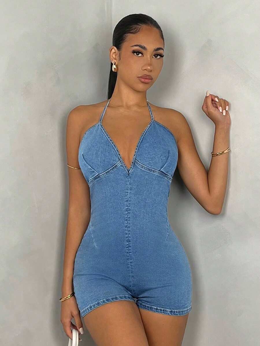 SHEIN ICON Denim Jumpsuit - Medium Wash&Jumpers And Women Rompers&Summer Tops&Summer Clothes&Festival Outfits&Country Concert Outfit&Rave Festival Outfits