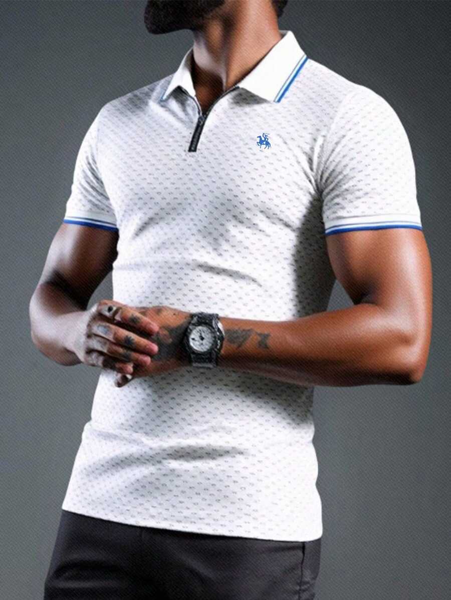 Manfinity Homme Men's Striped Short Sleeve Zipper Placket Casual Polo Shirt,Outfits Husband And Boyfriend Gifts, Summer Men Tops