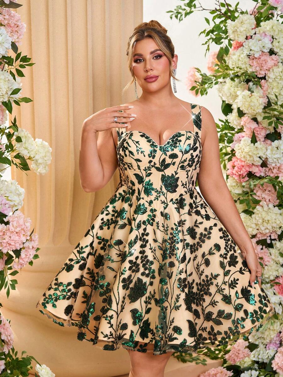 Lovelzi Plus Size Elegant Sequin Floral Asymmetric Hem Cocktail Dress, Mini Party Dress, Wedding Guest Dress, Prom Dress