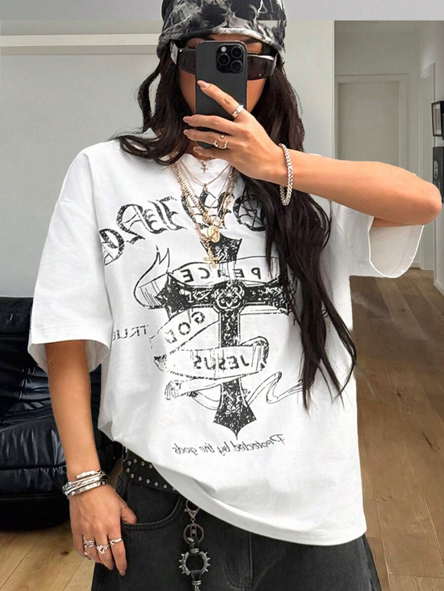 Coolane Camiseta blanca de corte oversize con estampado vintage grunge para mujer primavera verano