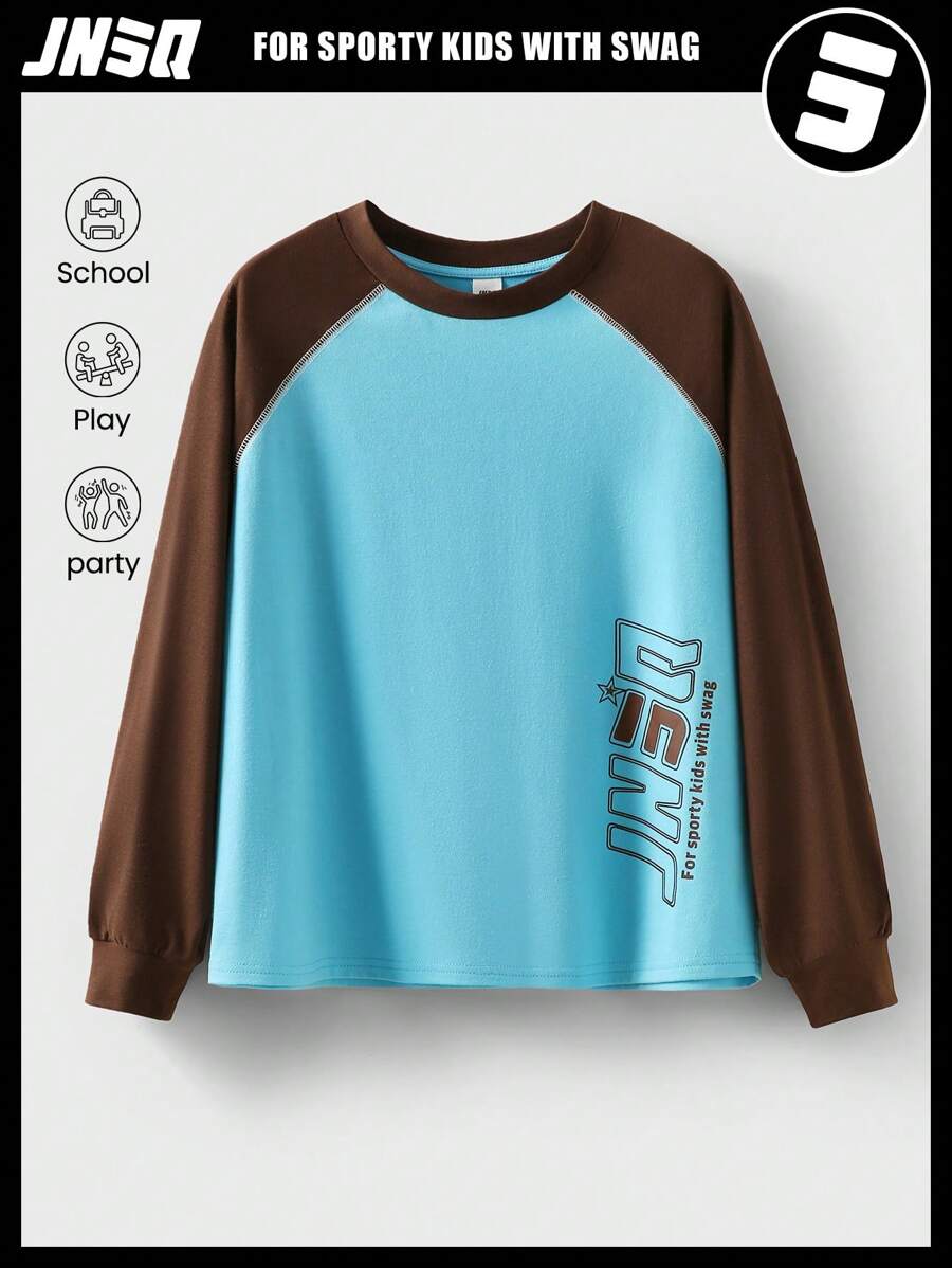 JNSQ Nouveaux sweats à capuche décontractés à manches longues pour enfants, pulls blocs de couleurs à col rond avec imprimé graphique de lettres pour enfants