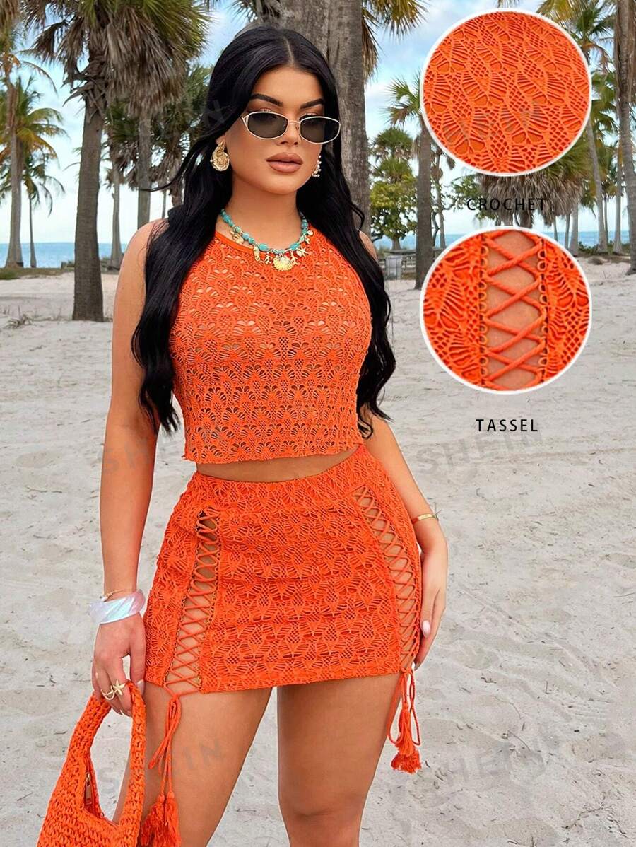 SHEIN SXY Minifalda de mujer de unicolor con diseño hueco y cruzado para la playa y vacaciones