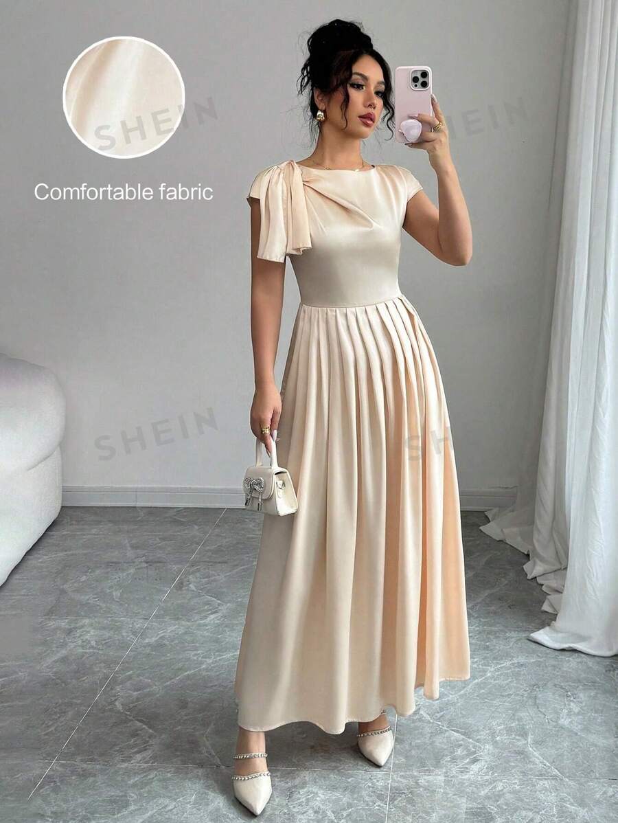 Elenzga Vestido largo de verano elegante en color albaricoque sólido para mujeres