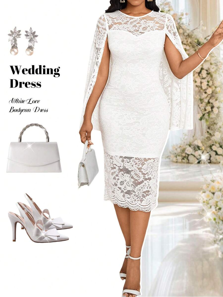 SHEIN Lady White Lace Patchwork Cape Style Bodycon Dress For Women, Suitable For Work And Parties Teacher Dress Birthday Outfit Homecoming Dresses Women Vintage Clothes