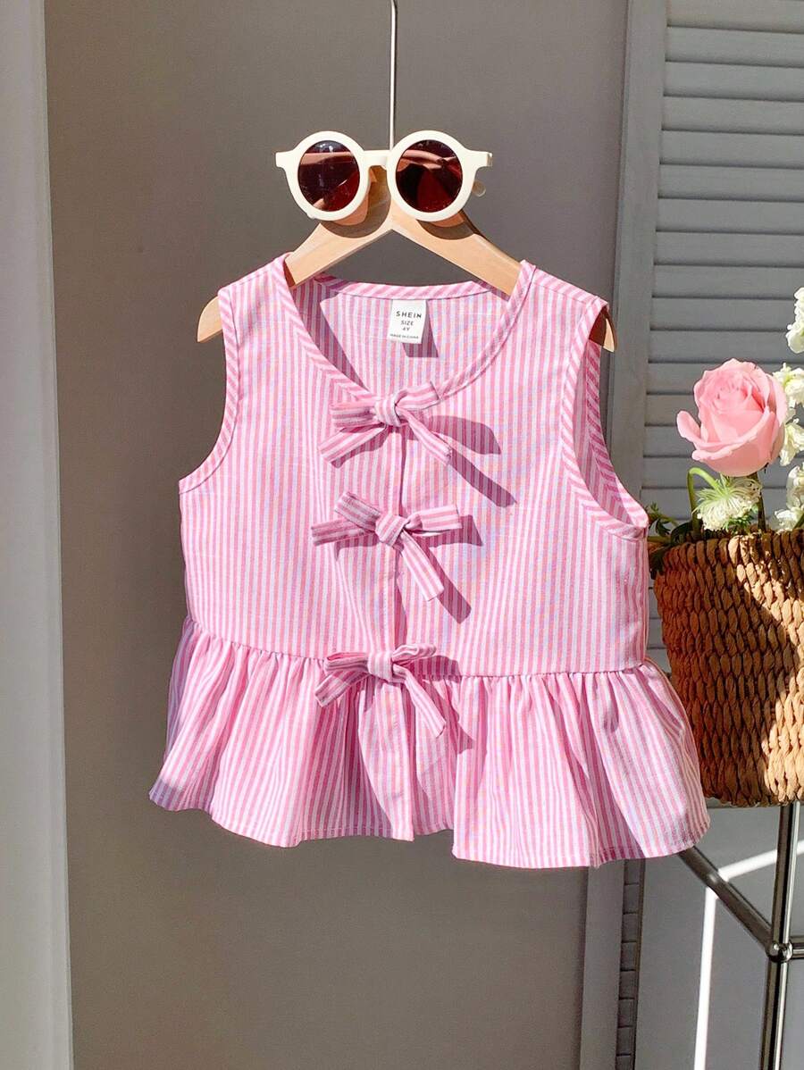 LMoss Kids Blusa sin mangas con lazo a rayas rosas, versátil y linda para niña en verano