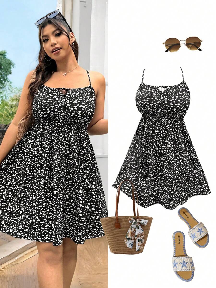SHEIN EZwear Plus Size Black Ditsy Floral Bohemian Style A-Line Dress, Holiday Season, Spring/Summer