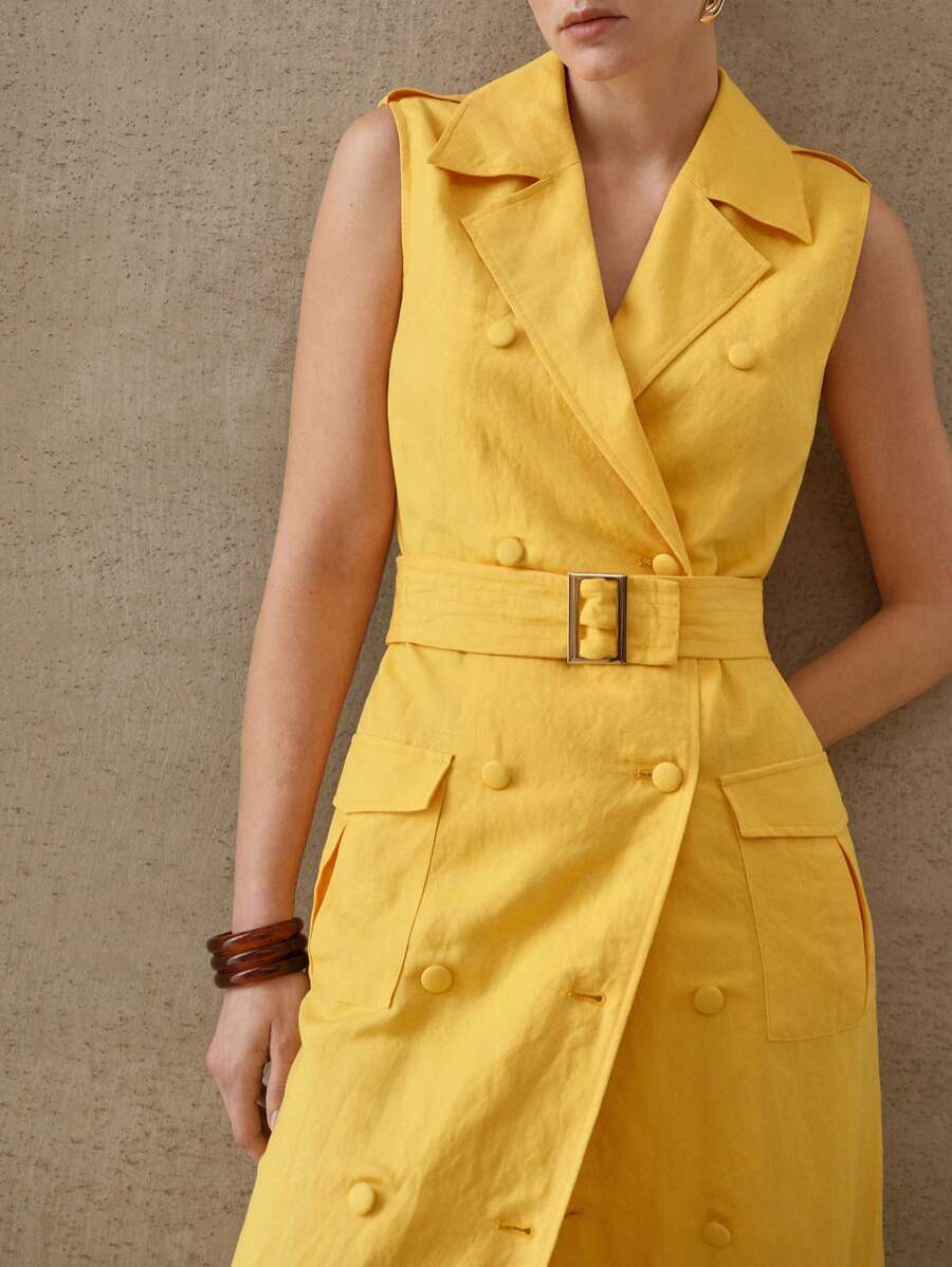 MOTF PREMIUM LINEN BELTED DOUBLE BREASTED DRESS