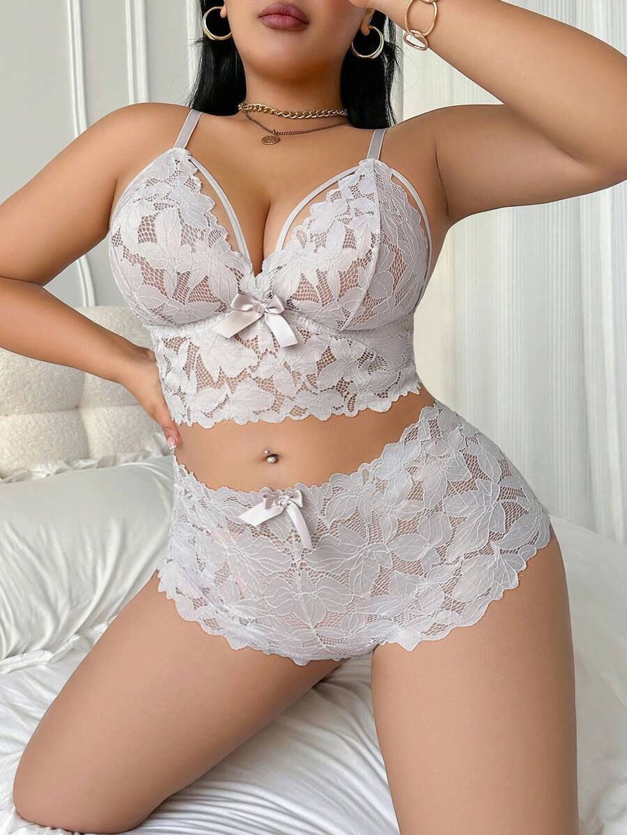 2pcs Plus Size Women Lace Lingerie Set