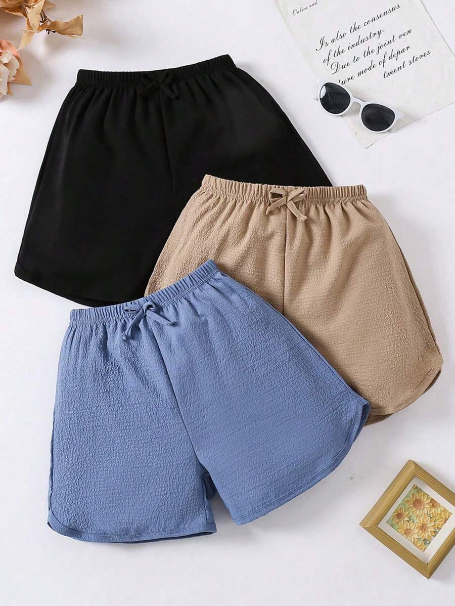 3pcs Tween Girl Casual Loose Textured Bubble Fabric Arc Hem Multi-Color Shorts