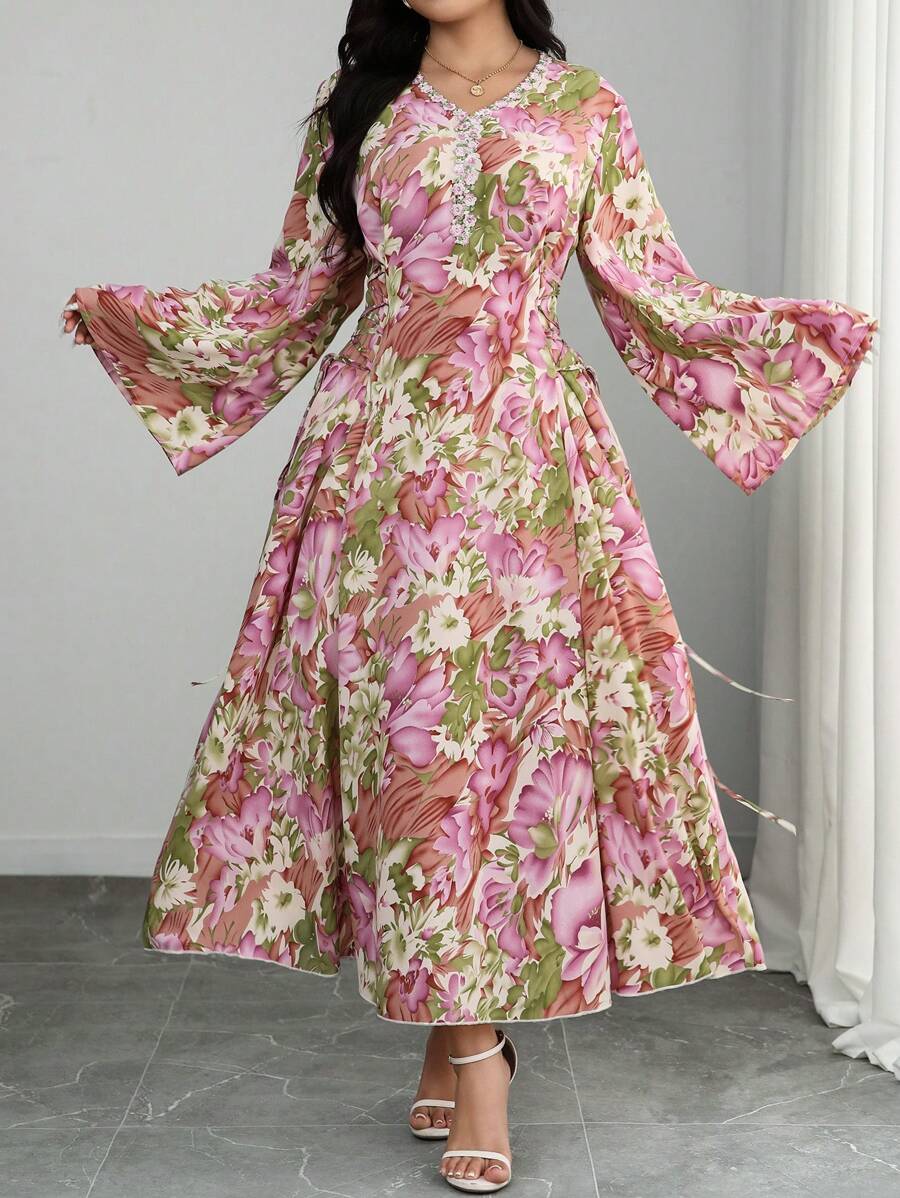 Modelyn Plus Size Woven Floral Print Long Sleeve Tie Waist Ruffle Hem Dress