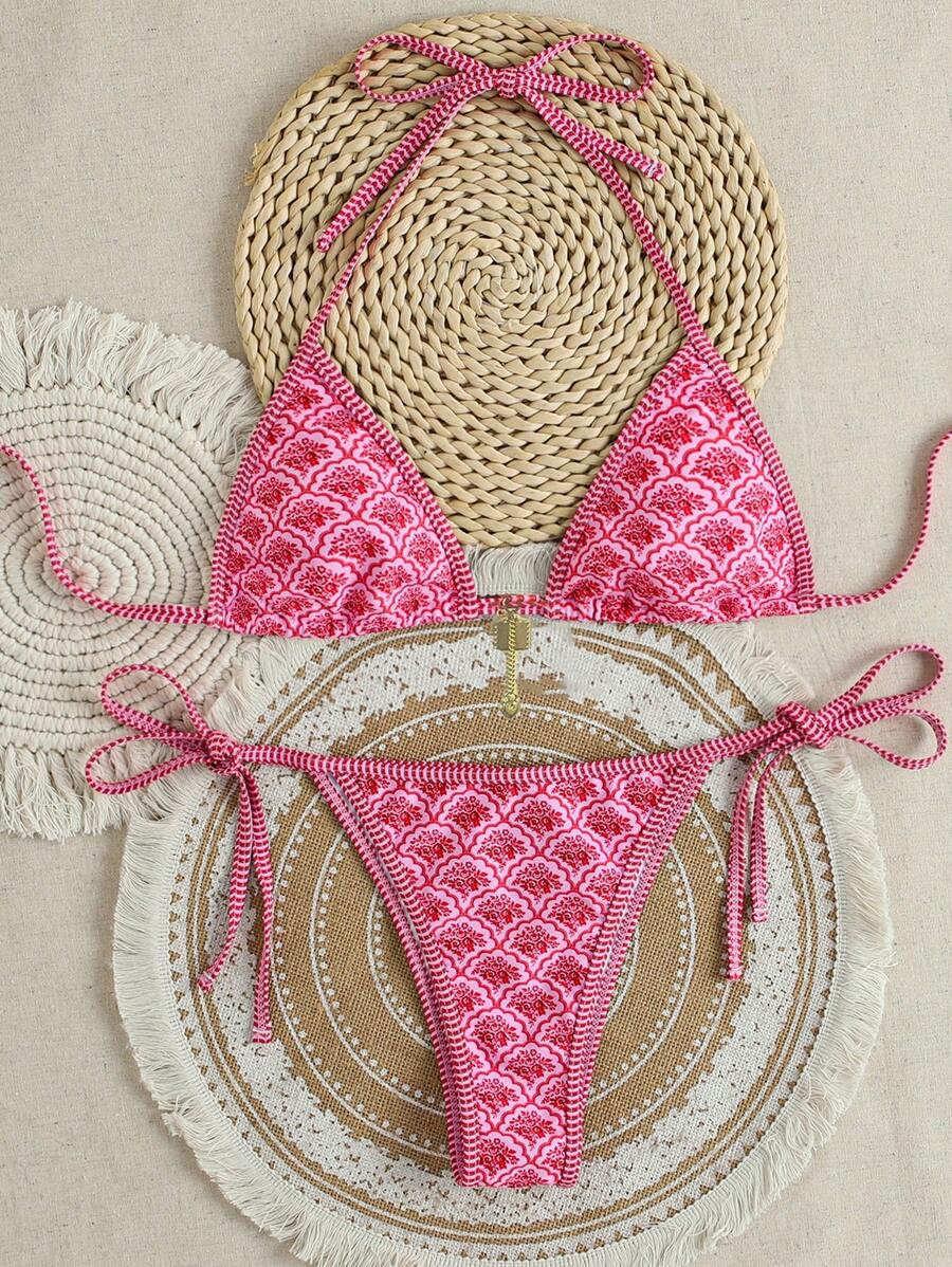SHEIN Swim Conjunto de bikini con estampado floral aleatorio para vacaciones en la playa
