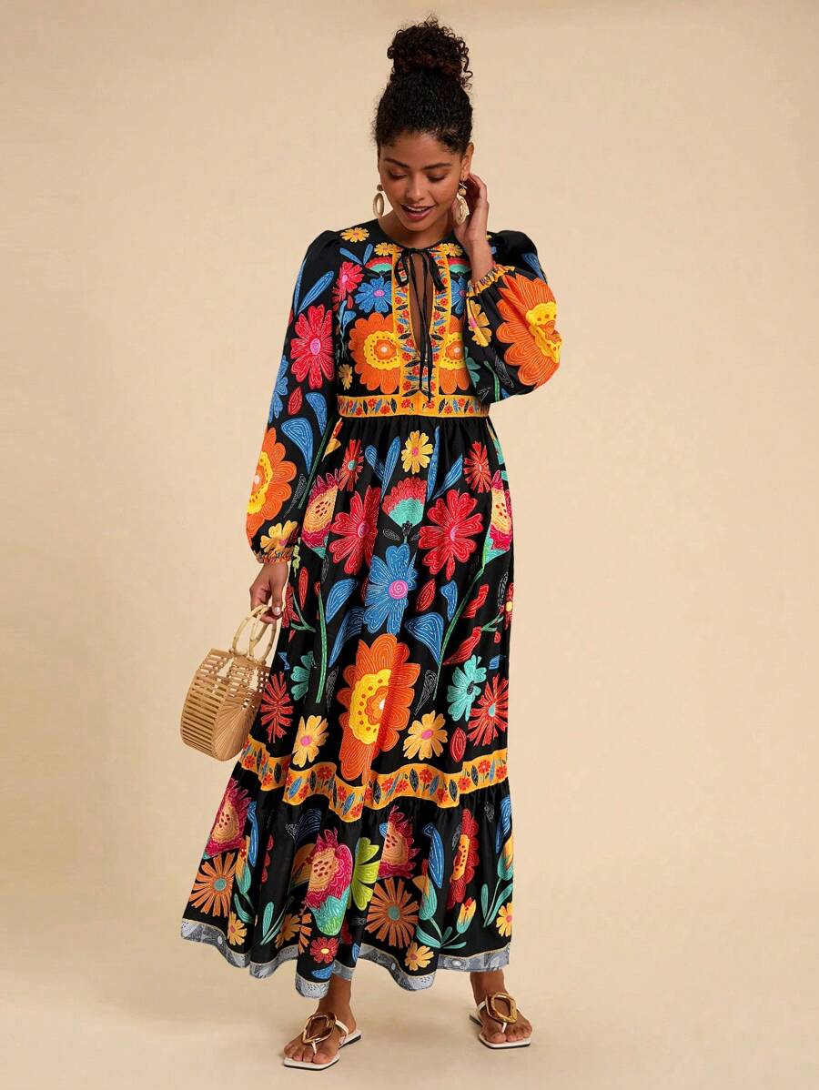 Travachic Vacation Floral Print Tie Up Long Sleeve Dress,Fall Clothes,Elegant Women Dresses,Fall Women Dresses,Mexican Women Dresses