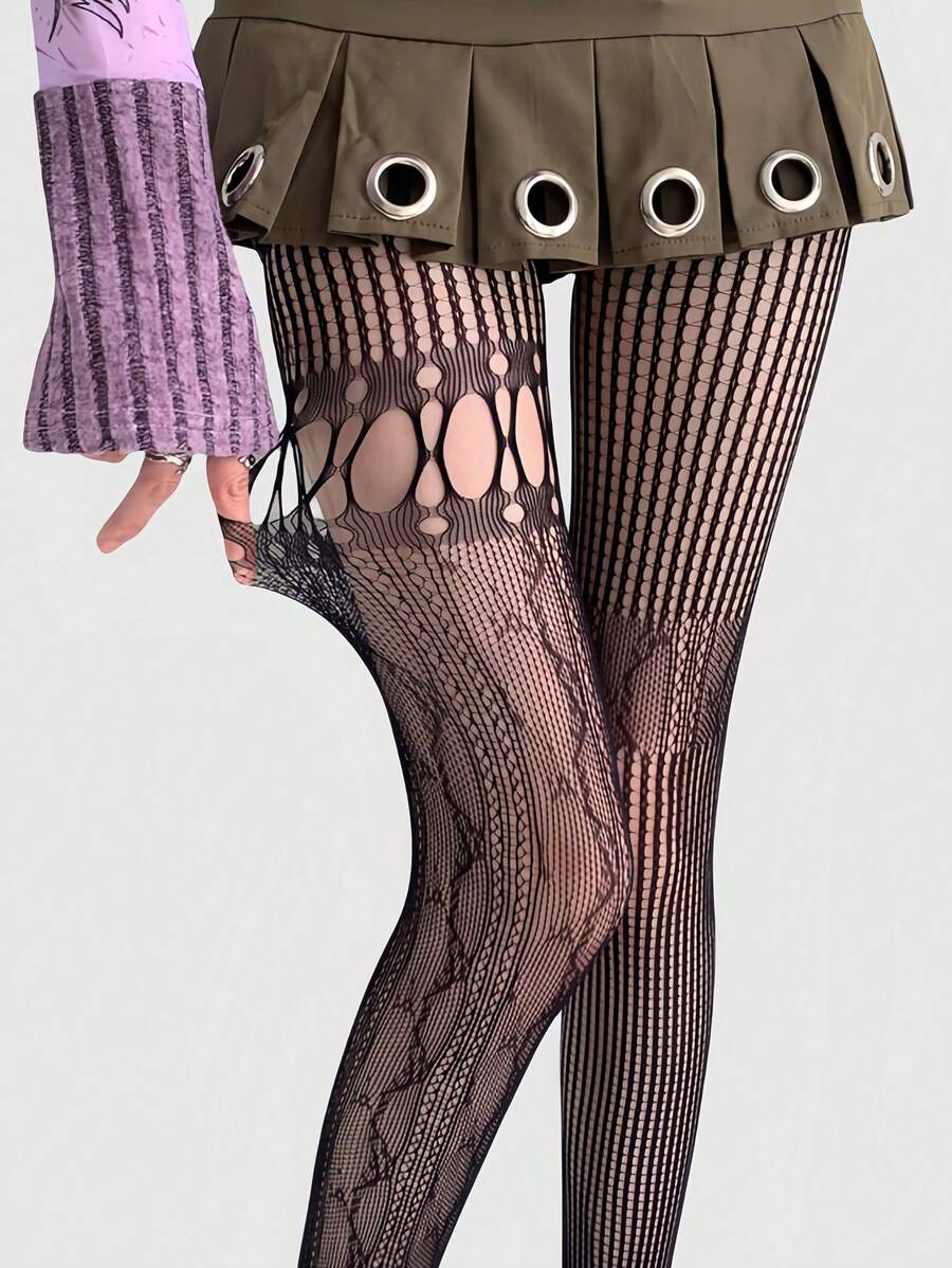 ROMWE Grunge Punk Bas résille sexy ajourés style années 2000, collants noirs patchwork à la mode, leggings polyvalents