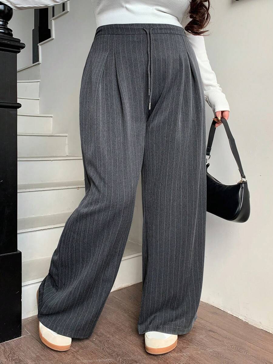 Dazy Plus Trekkoord Taille Losse Gestreepte Casual Lange Broek, Alle Seizoenen