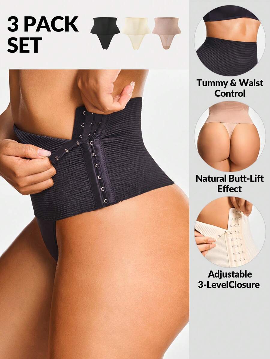 SHEIN Shape 2 paquetes de moldeadores de cintura alta tipo tanga, modeladores corporales que levantan el trasero con cierre ajustable de 3 niveles, control de abdomen y cintura
