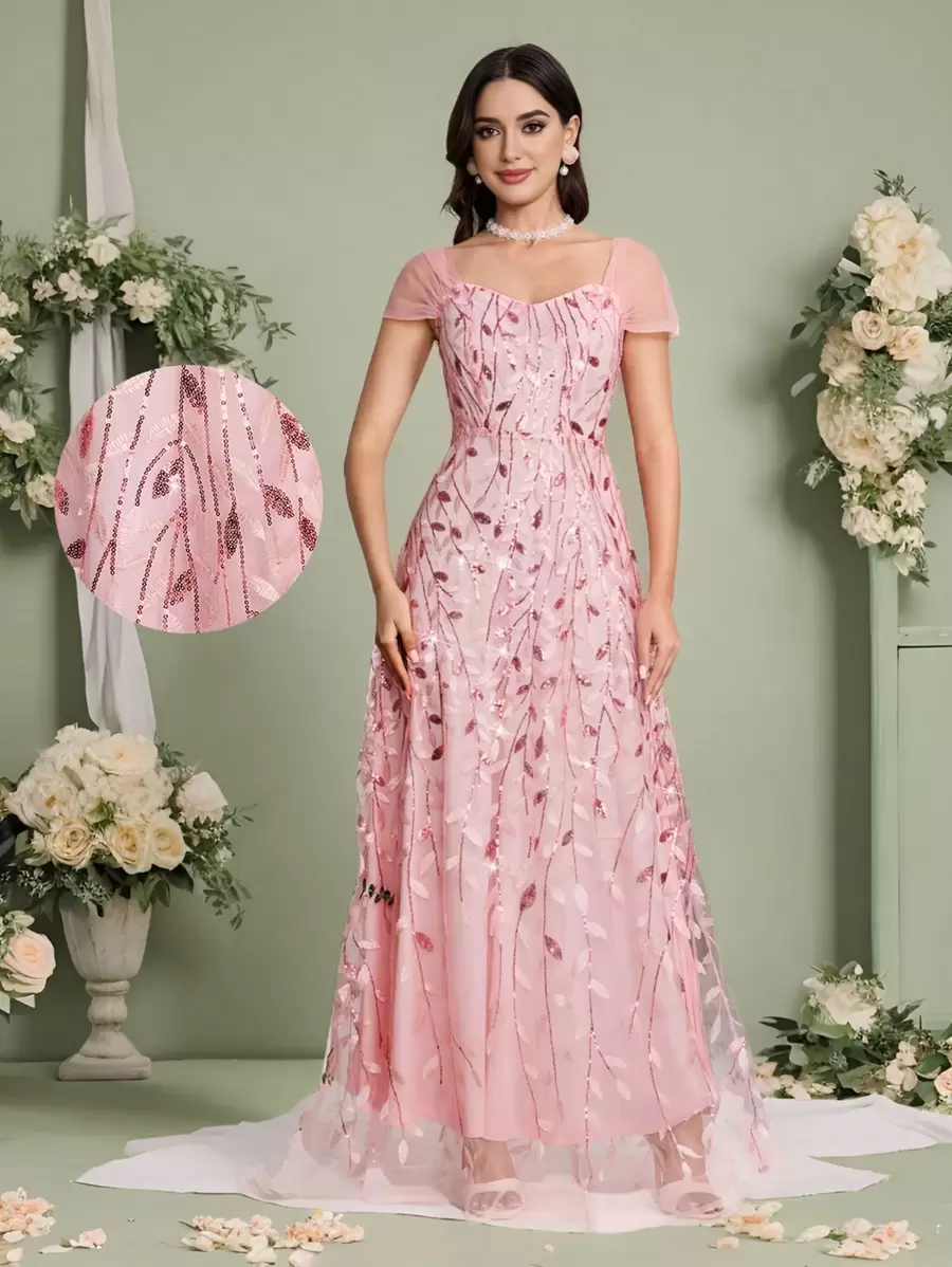Coutiva Women Elegant Sequin Decorated Net Splice Loose Casual Evening Party Dress, Wedding Guest Dress Music Festival Spring/Summer, Formal Dress,Gown
