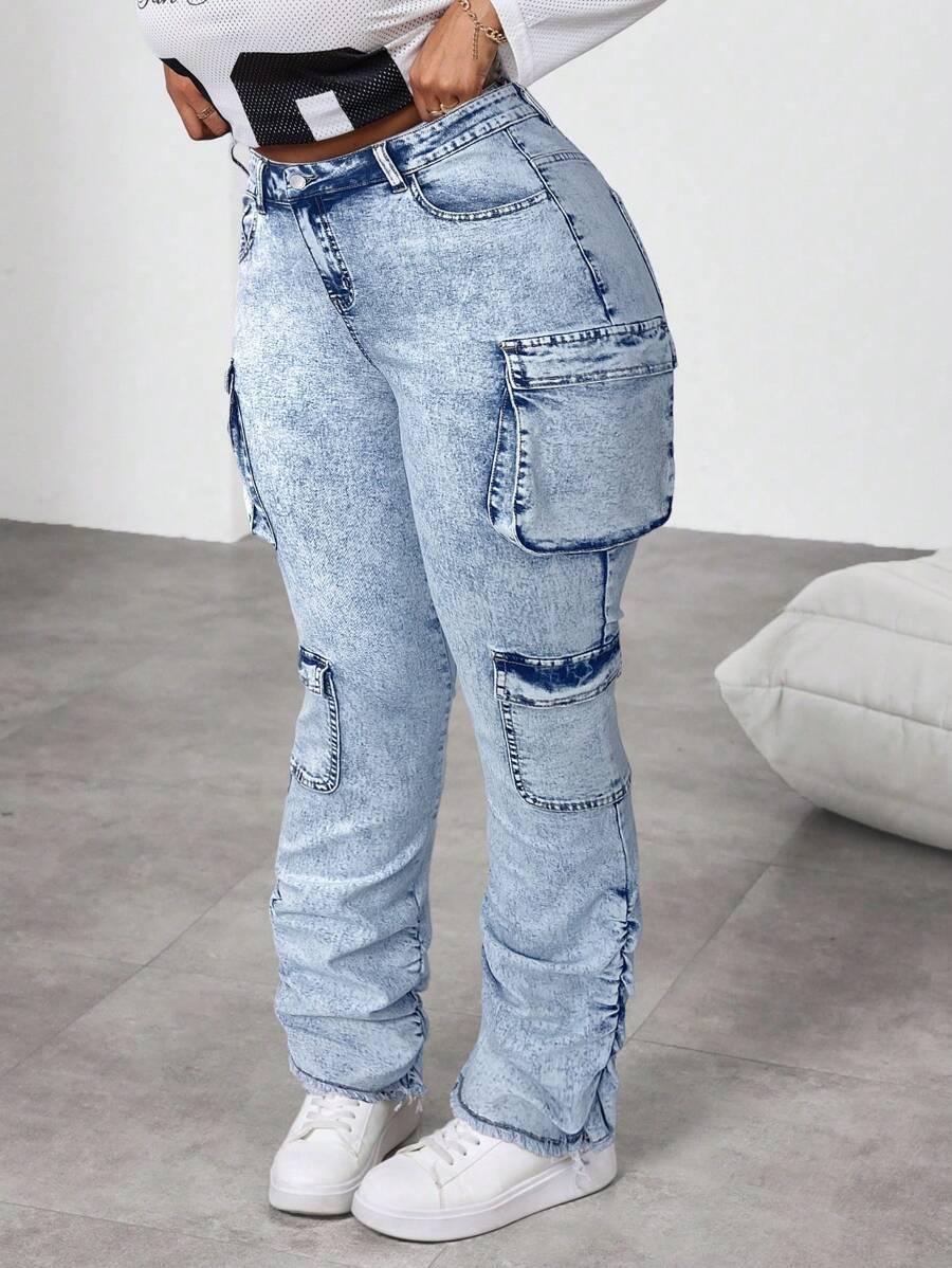 SHEIN EZwear Jeans cargo slim casual évasé bleu grande taille