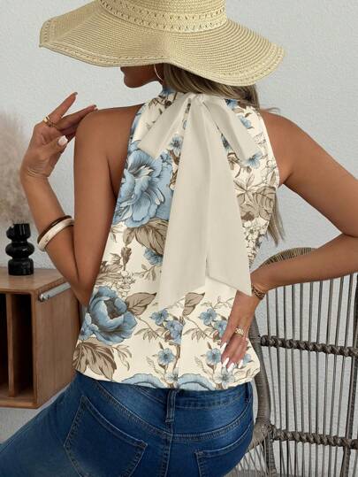 Patishop Art Artist Beige Floral Sleeveless Regular Fit Women Blouse, Suitable For Spring & Summer, Rave Western Wear