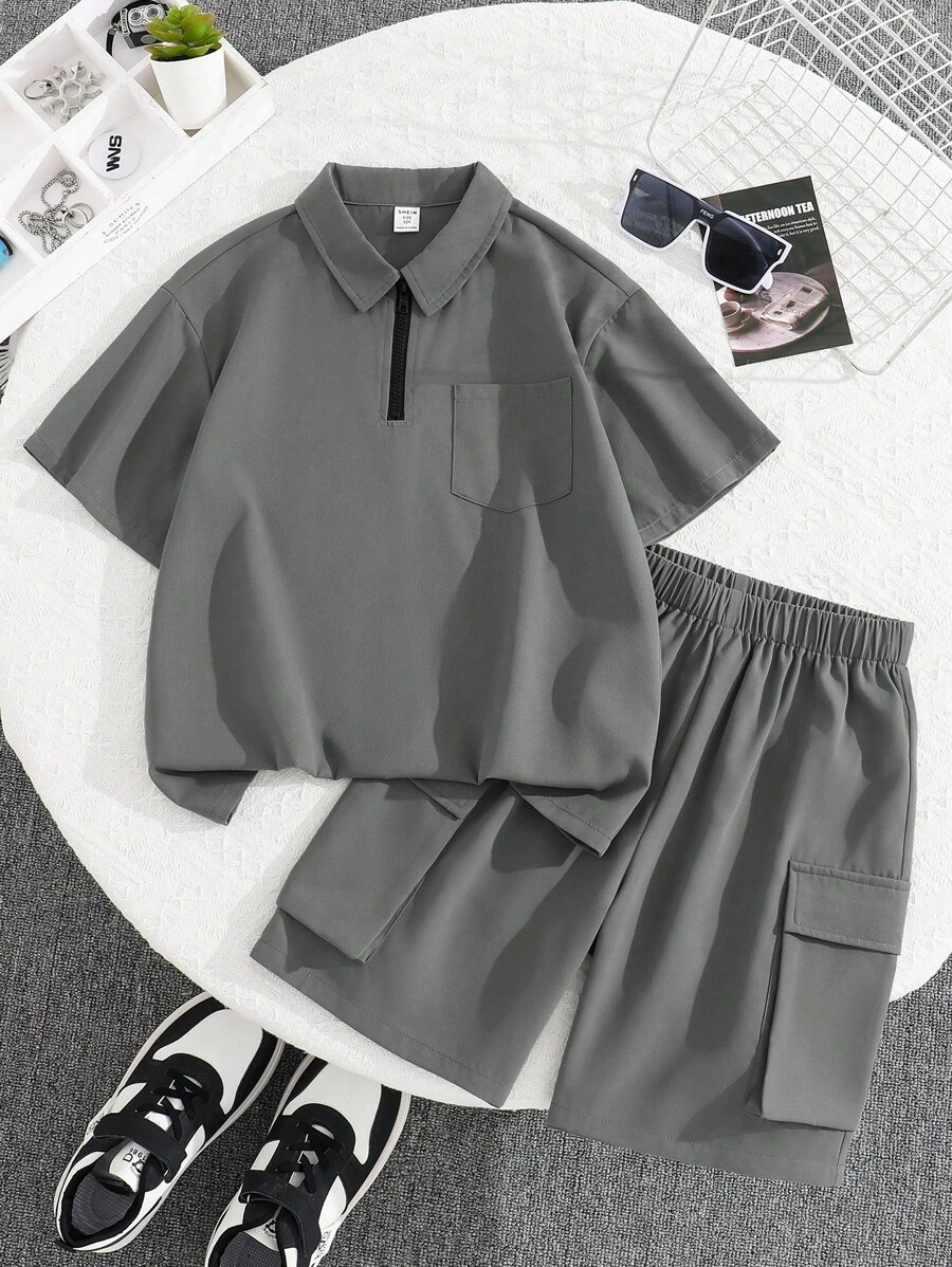2pcs/Set Kids Tween Boys' Casual Vacation Polo Collar Half-Zip Pullover Shirt & Relaxed Fit Solid Shorts Set