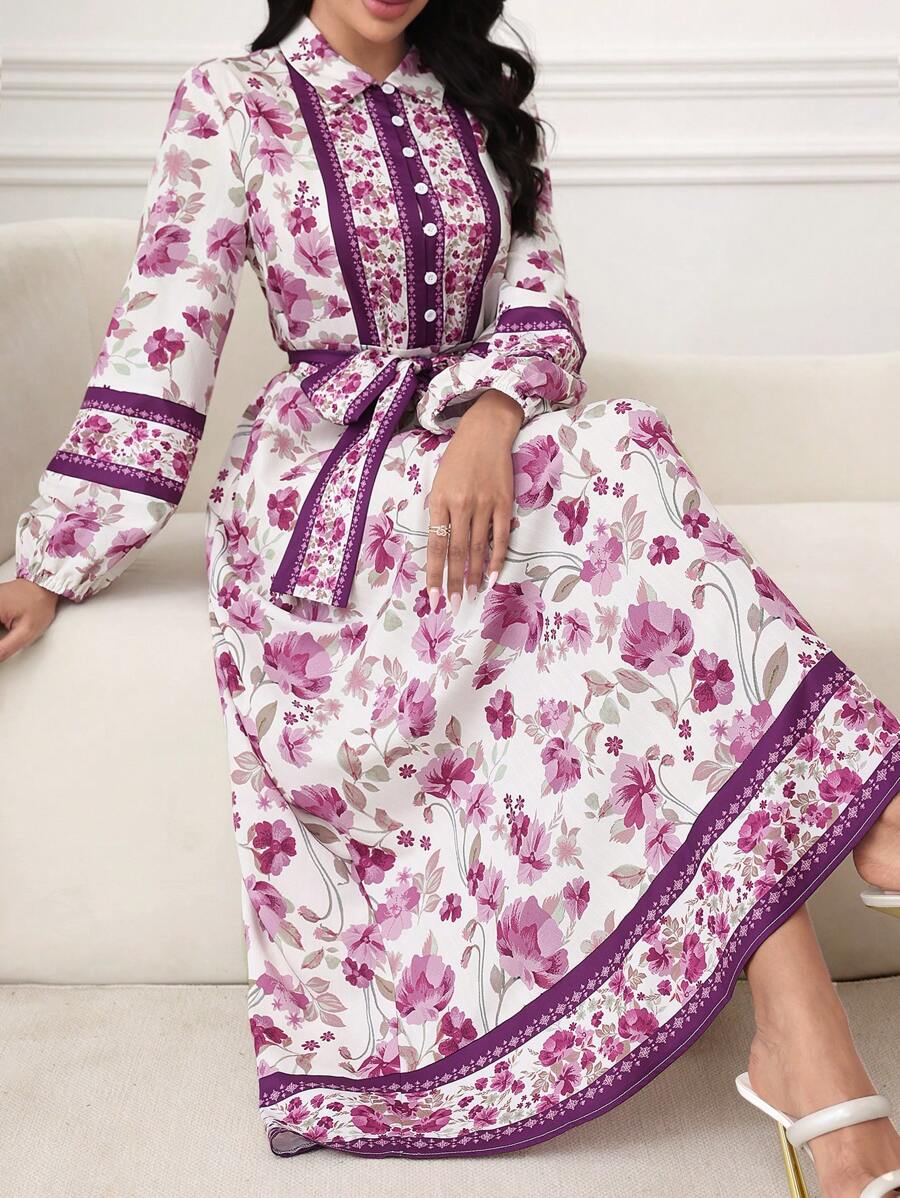 SHEIN Lacomfia Vestido midi con estampado de estación primavera/verano, cuello de camisa, de una sola hilera de botones, y cintura con cinturón