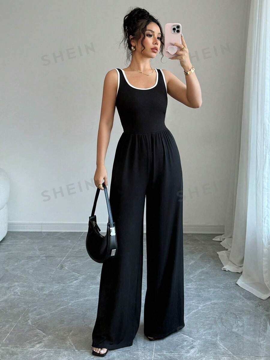 Chiquease Mono de punto negro casual con panel ancho sin mangas y acabado de puntada para mujer