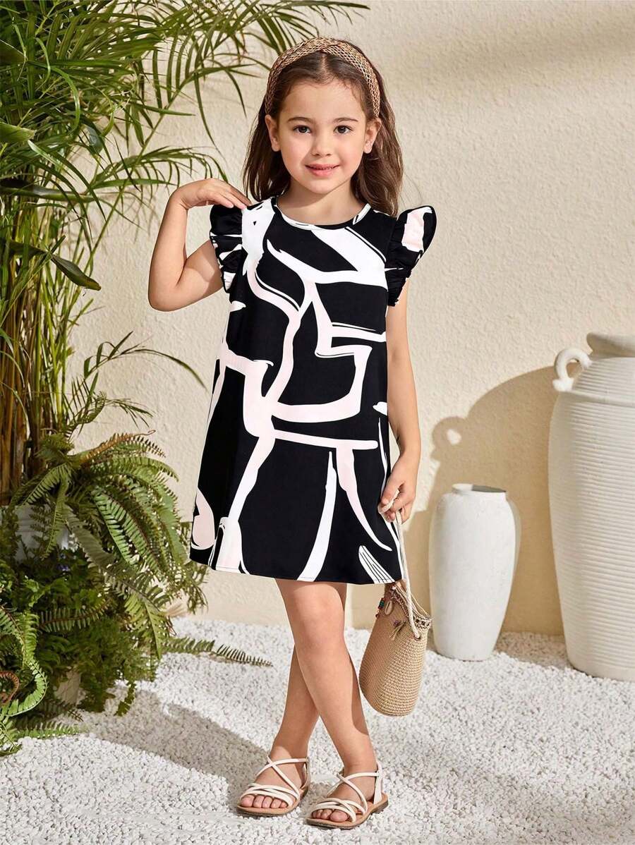 SHEIN Young Girl Fresh Fashion Pattern Round Neck Cap Sleeve A-Line Woven Dress