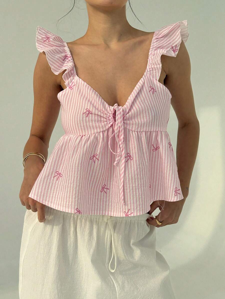Aloruh Nouvelle mode Top babydoll évasé à manches à volants, taille marquée, nœud papillon et dos nu
