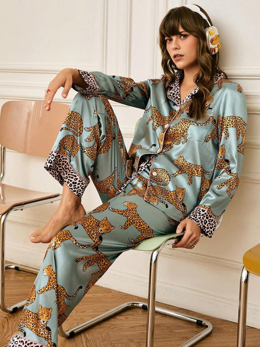 Chillnights Set de 2 piezas de pijama con bloqueo de color estampado de leopardo para mujer, temporada de vacaciones