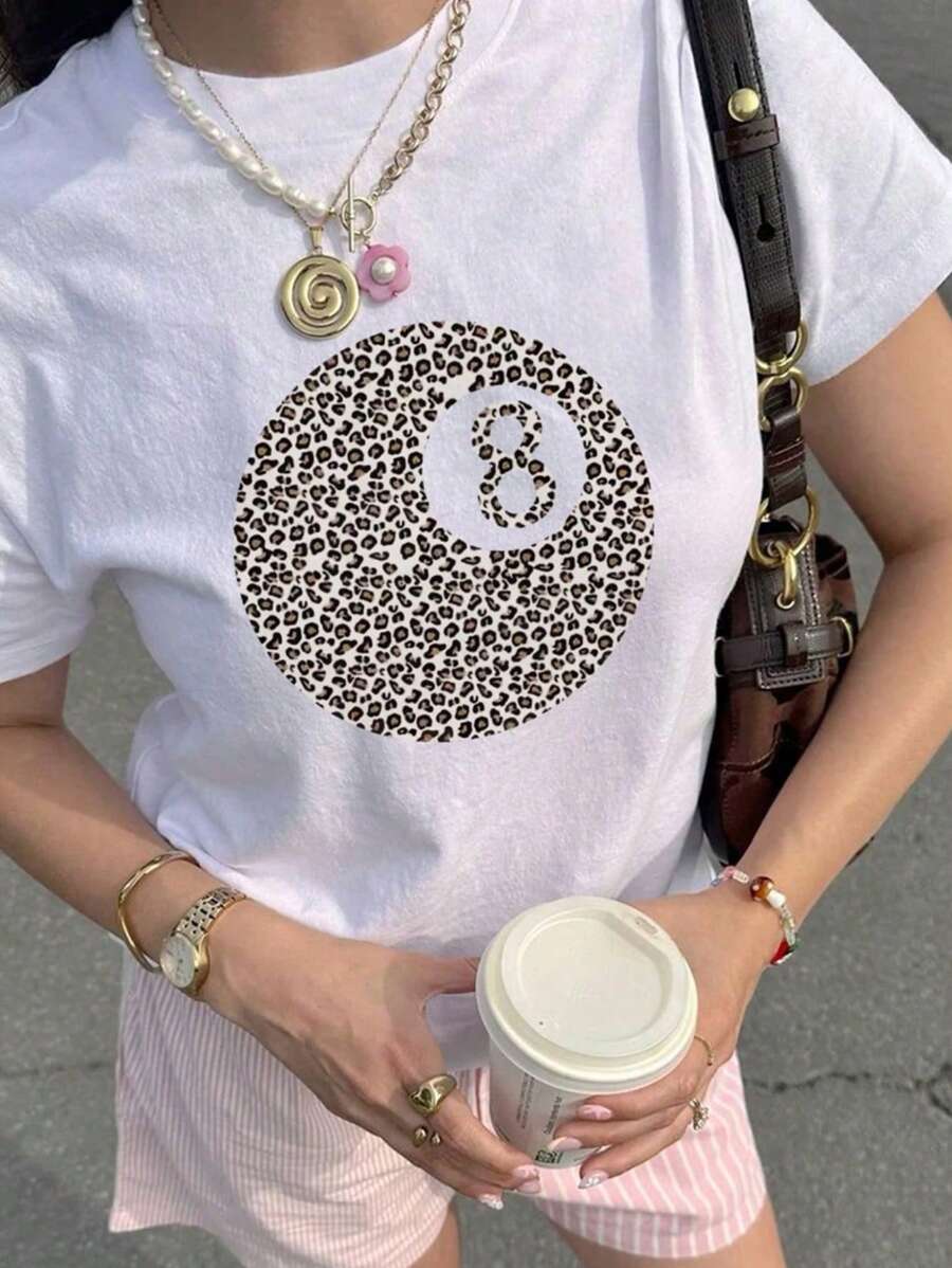 INAWLY Casual luipaardprint, kleurrijk cijferpatroon, ronde hals, korte mouwen, T-shirt voor dames