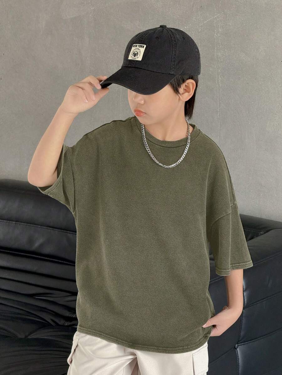 Camiseta de punto de manga corta con cuello redondo, de corte relajado y sobredimensionado en colores lavados, apta para la escuela, el jardín, la playa, las fiestas de cumpleaños, primavera, verano, otoño e invierno, para niños preadolescentes