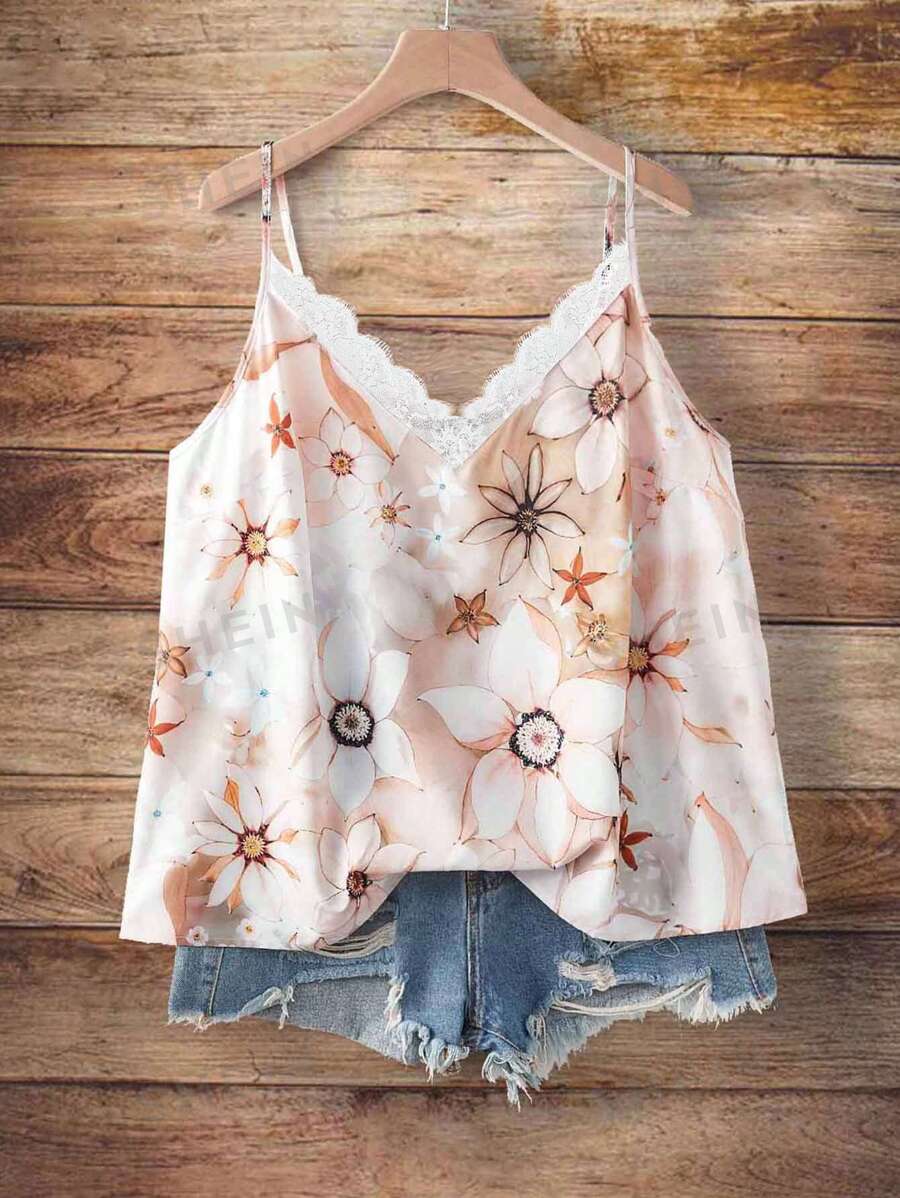 SHEIN VCAY Ropa de mujer de talla grande con estampado floral y encaje en contraste en top tipo camiseta de verano, ropa de verano europea y occidental, ropa de verano bonita, ropa de playa, ropa bohemia, ropa de vacaciones, ropa de resort, ropa hippie para mujer, atuendo de Pascua, atuendo de rave, atuendo de concierto country, atuendo de Nashville, atuendo de Coachella, atuendo de Ibiza, camisetas gráficas, atuendos de verano con flores